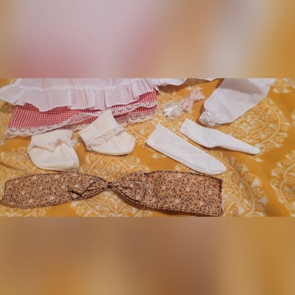 Vintage 60's Doll Dress And Bonnet With Accessories Red And White Checkered - Picture 2 of 16